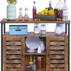 ZAZA Home dressoir, zijkast, keukenkast met open planken, gangkast, ladekast met lamellaire deuren, woonkamer, eetkamer, kantoor, hal, industrieel design, vintage, donkerbruin LSC79BX