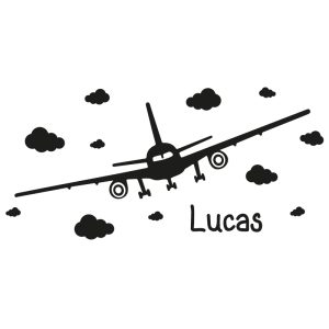Muursticker vliegtuig met naam en wolken
