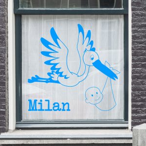 Geboortesticker jongen, ooievaar met naam